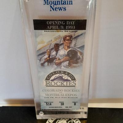 Colorado Rockies cased ticket stub, collectible pins and 1993 Inaugural Year black ball