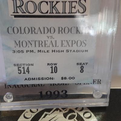 Colorado Rockies cased ticket stub, collectible pins and 1993 Inaugural Year black ball