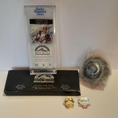 Colorado Rockies cased ticket stub, collectible pins and 1993 Inaugural Year black ball