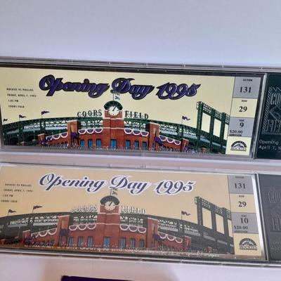 Colorado Rockies two cased tickets Opening Day 1995 Rockies VS Phiillies with Rockies 1993 media Guide.