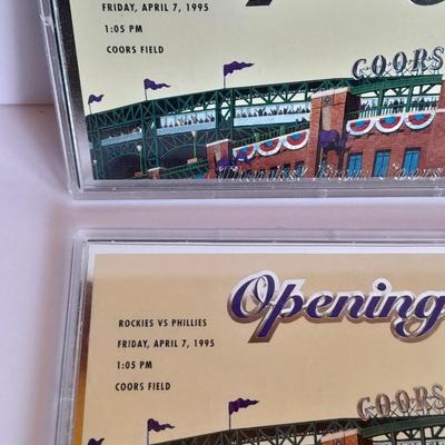 Colorado Rockies two cased tickets Opening Day 1995 Rockies VS Phiillies with Rockies 1993 media Guide.