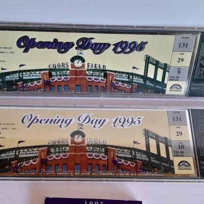 Colorado Rockies two cased tickets Opening Day 1995 Rockies VS Phiillies with Rockies 1993 media Guide.