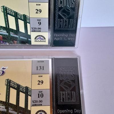 Colorado Rockies two cased tickets Opening Day 1995 Rockies VS Phiillies with Rockies 1993 media Guide.
