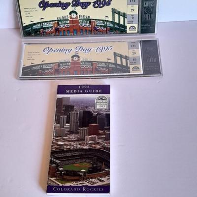 Colorado Rockies two cased tickets Opening Day 1995 Rockies VS Phiillies with Rockies 1993 media Guide.