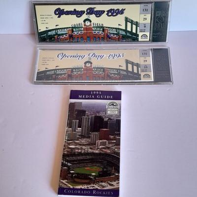 Colorado Rockies two cased tickets Opening Day 1995 Rockies VS Phiillies with Rockies 1993 media Guide.