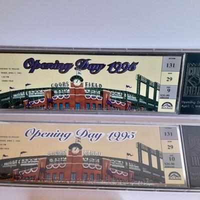 Colorado Rockies two cased tickets Opening Day 1995 Rockies VS Phiillies with Rockies 1993 media Guide.