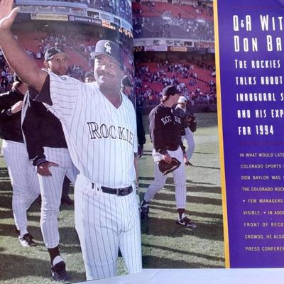 Colorado Rockies Larry Walker holographic card, 1994 opening day and final day matted art, and scorecard magazine