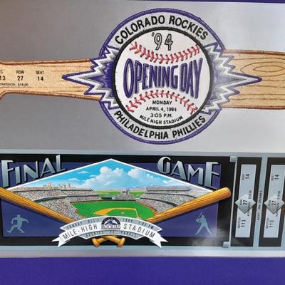 Colorado Rockies Larry Walker holographic card, 1994 opening day and final day matted art, and scorecard magazine