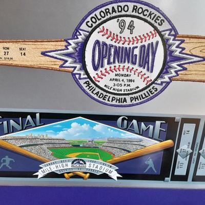 Colorado Rockies Larry Walker holographic card, 1994 opening day and final day matted art, and scorecard magazine