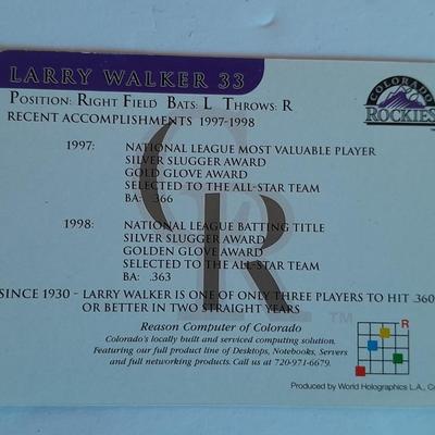 Colorado Rockies Larry Walker holographic card, 1994 opening day and final day matted art, and scorecard magazine