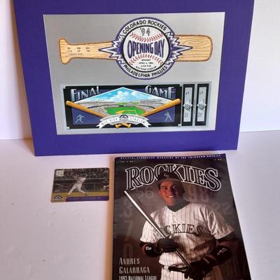 Colorado Rockies Larry Walker holographic card, 1994 opening day and final day matted art, and scorecard magazine