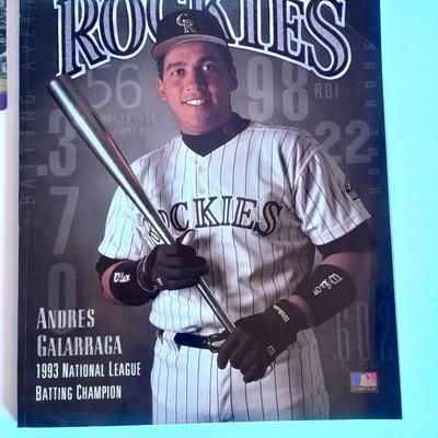 Colorado Rockies Larry Walker holographic card, 1994 opening day and final day matted art, and scorecard magazine