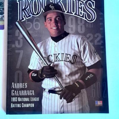 Colorado Rockies Larry Walker holographic card, 1994 opening day and final day matted art, and scorecard magazine