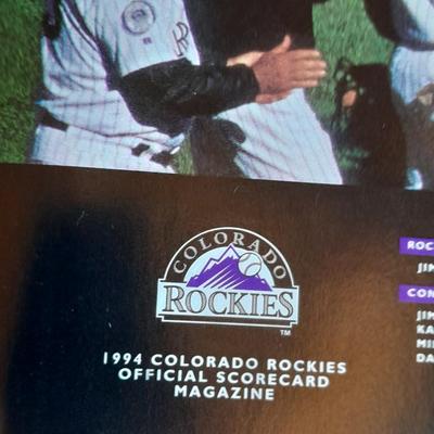 Colorado Rockies Larry Walker holographic card, 1994 opening day and final day matted art, and scorecard magazine