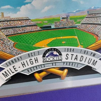 Colorado Rockies Larry Walker holographic card, 1994 opening day and final day matted art, and scorecard magazine