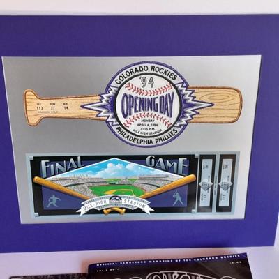 Colorado Rockies Larry Walker holographic card, 1994 opening day and final day matted art, and scorecard magazine