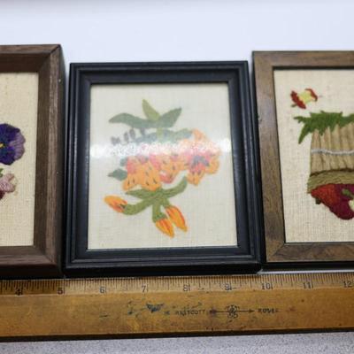 (3) Small Framed Vintage Embroidered Yarn Art