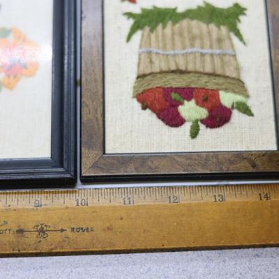 (3) Small Framed Vintage Embroidered Yarn Art