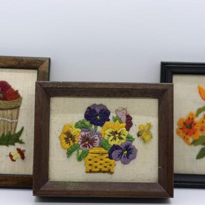(3) Small Framed Vintage Embroidered Yarn Art