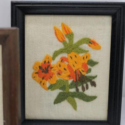 (3) Small Framed Vintage Embroidered Yarn Art