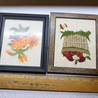 (3) Small Framed Vintage Embroidered Yarn Art
