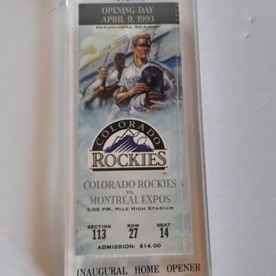 Colorado Rockies cased ticket opening day 1993 with box and a Field caught ball.