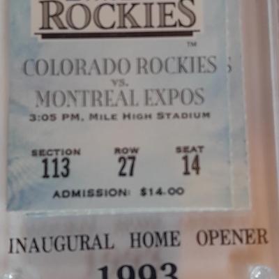 Colorado Rockies cased ticket opening day 1993 with box and a Field caught ball.