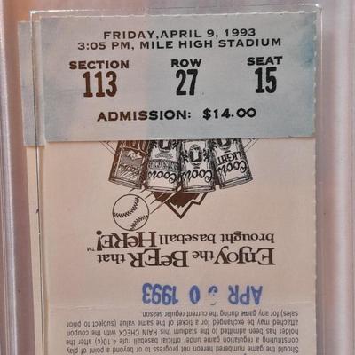Colorado Rockies cased ticket opening day 1993 with box and a Field caught ball.