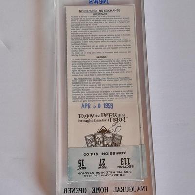 Colorado Rockies cased ticket opening day 1993 with box and a Field caught ball.
