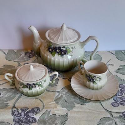 Katherine's Collection Porcelain Teacup Set Whir/Green W/Purple Flowers