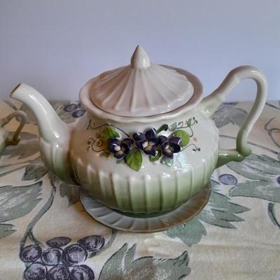 Katherine's Collection Porcelain Teacup Set Whir/Green W/Purple Flowers