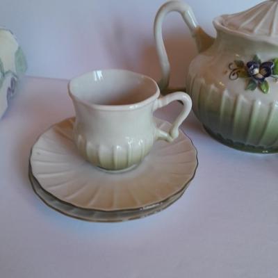 Katherine's Collection Porcelain Teacup Set Whir/Green W/Purple Flowers