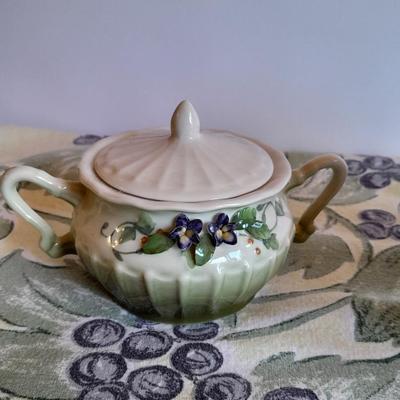 Katherine's Collection Porcelain Teacup Set Whir/Green W/Purple Flowers