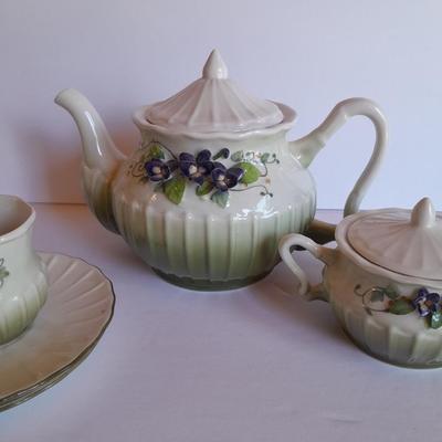 Katherine's Collection Porcelain Teacup Set Whir/Green W/Purple Flowers