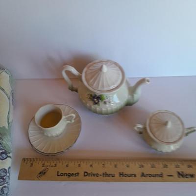 Katherine's Collection Porcelain Teacup Set Whir/Green W/Purple Flowers