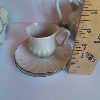 Katherine's Collection Porcelain Teacup Set Whir/Green W/Purple Flowers