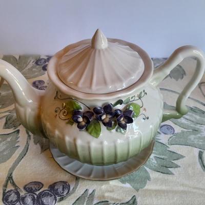 Katherine's Collection Porcelain Teacup Set Whir/Green W/Purple Flowers