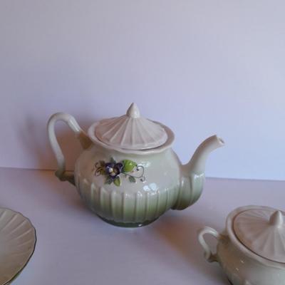 Katherine's Collection Porcelain Teacup Set Whir/Green W/Purple Flowers
