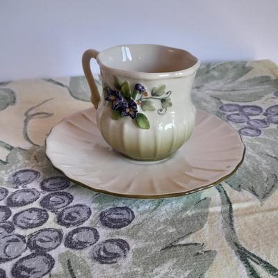 Katherine's Collection Porcelain Teacup Set Whir/Green W/Purple Flowers
