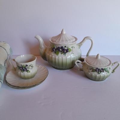 Katherine's Collection Porcelain Teacup Set Whir/Green W/Purple Flowers