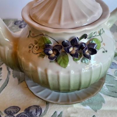 Katherine's Collection Porcelain Teacup Set Whir/Green W/Purple Flowers