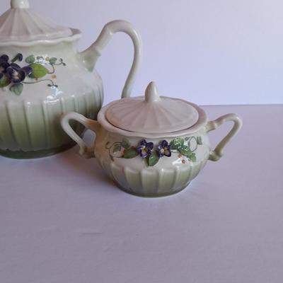 Katherine's Collection Porcelain Teacup Set Whir/Green W/Purple Flowers