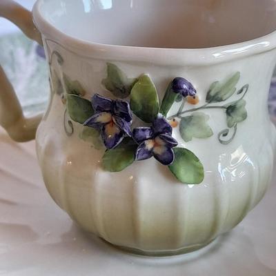 Katherine's Collection Porcelain Teacup Set Whir/Green W/Purple Flowers