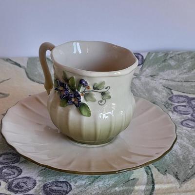 Katherine's Collection Porcelain Teacup Set Whir/Green W/Purple Flowers