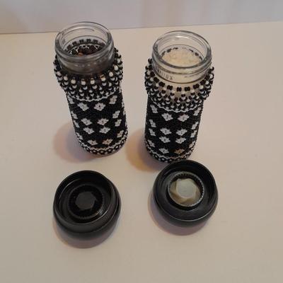 Beautiful, beaded salt & Pepper shakers Boho style with large Vintage White bowl and fun table cloth