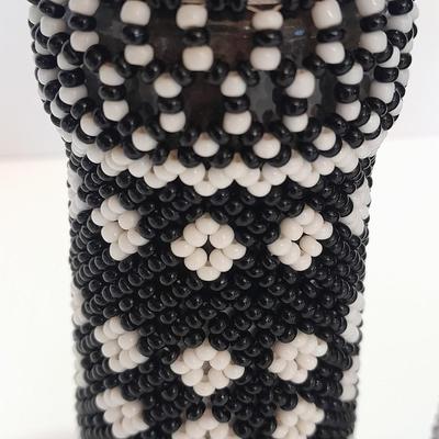 Beautiful, beaded salt & Pepper shakers Boho style with large Vintage White bowl and fun table cloth