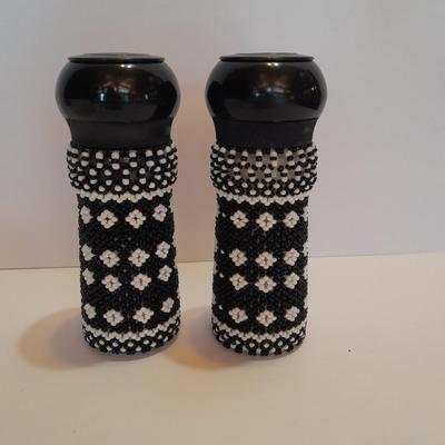 Beautiful, beaded salt & Pepper shakers Boho style with large Vintage White bowl and fun table cloth