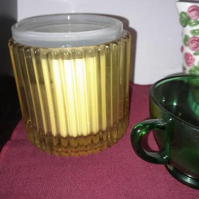 FIB Floral Birdhouses Garden Design Ceramic Tea pot with two green colored mugs, table cloth and yellow candle