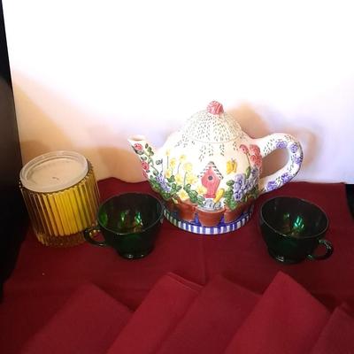 FIB Floral Birdhouses Garden Design Ceramic Tea pot with two green colored mugs, table cloth and yellow candle