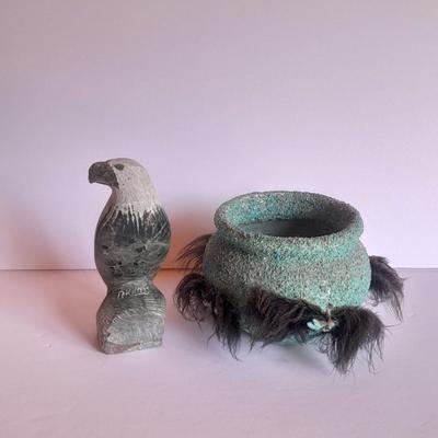 Signed stone Eagle statue with Zuni fetish pot cased in turquoise chips with feather accents.